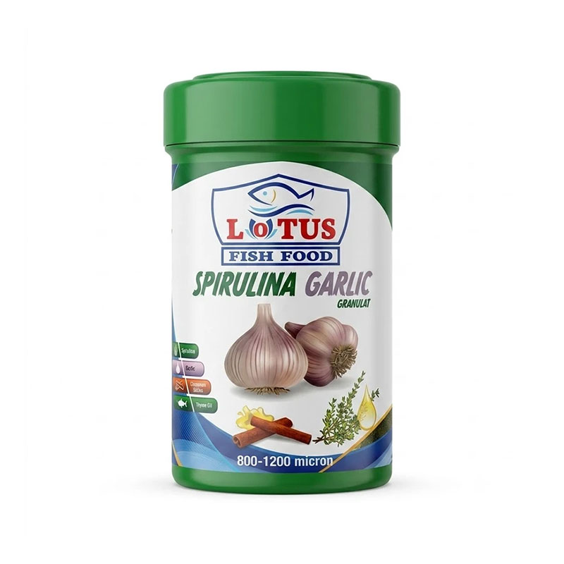 غذای ماهی لوتوس حاوی سیر و اسپیرولینا Lotus Spirulina Garlic حجم ۱۰۰ میلی‌لیتر