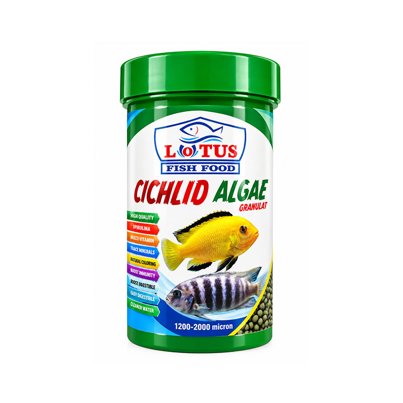 غذای ماهی سیچلاید گیاه خوار لوتوس Lotus Cichlid Algae Granule حجم ۲۵۰ میلی‌لیتر