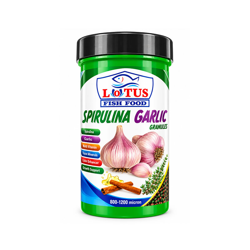 غذای ماهی لوتوس حاوی سیر و اسپیرولینا Lotus Spirulina Garlic حجم 250 میلی‌لیتر