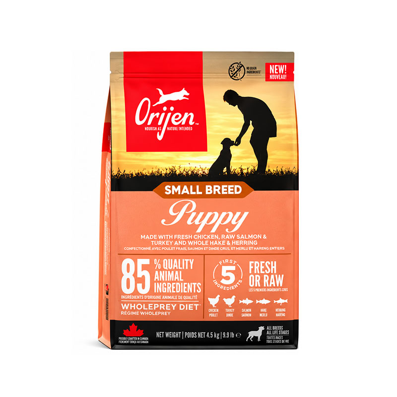 غذای خشک سگ اوریجن با طعم مرغ، سالمون، بوقلمون، هیک و شاه‌ماهی Orijen Puppy Small Breed وزن 1.8 کیلوگرم
