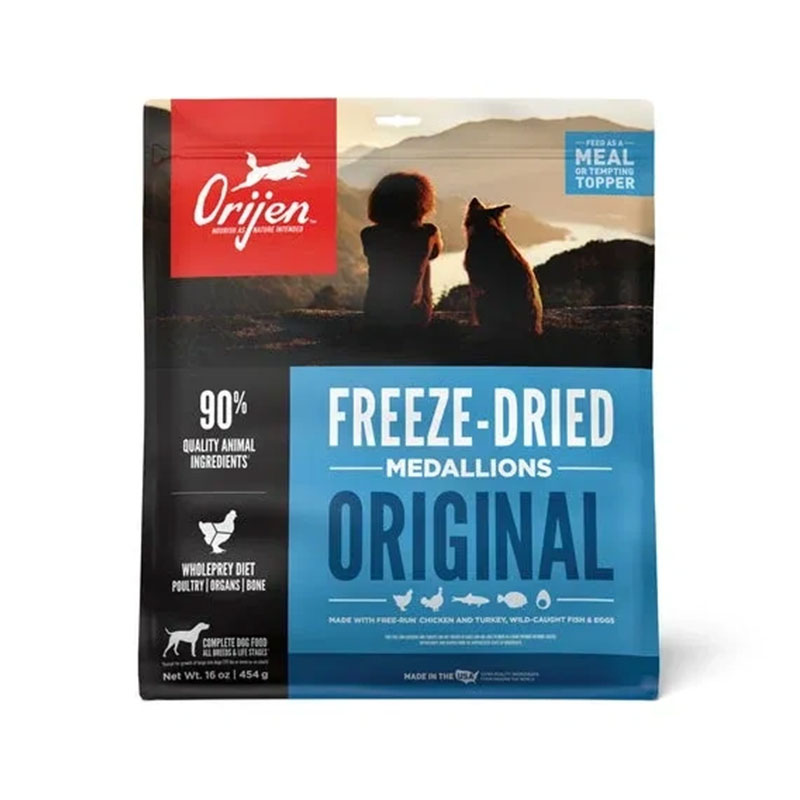 غذای خشک سگ اوریجن با طعم مرغ، بوقلمون، ماهی و تخم‌مرغ Adult Original Freeze-Dried Medallion وزن 454 گرم