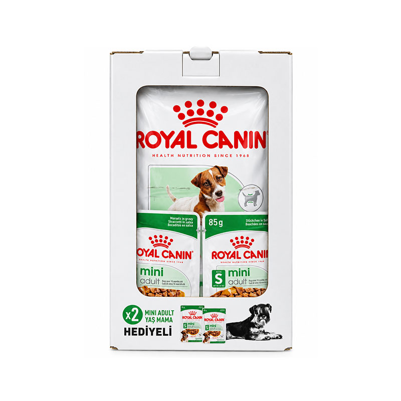 پک غذای سگ نژاد کوچک رویال کنین Royal Canin Mini Adult وزن ۲ کیلوگرم به همراه ۲ پوچ ۸۵ گرمی
