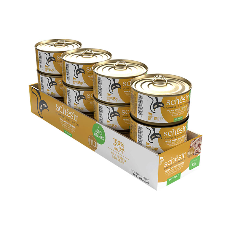 کنسرو گربه شسیر با طعم ماهی تن و مرغ در ژله Schesir Wet Food Cats in Jelly وزن ۸۵ گرم بسته 12 عددی