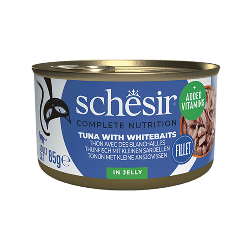 کنسرو گربه شسیر با طعم ماهی تن و شاه‌ماهی در ژله Schesir Wet Food Cats in Jelly وزن ۸۵ گرم