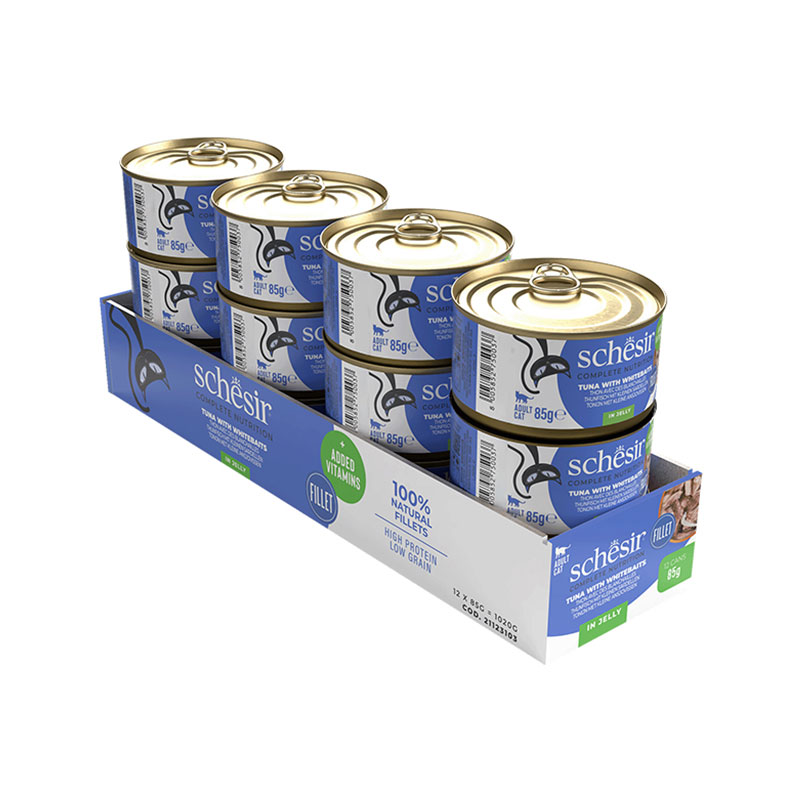 کنسرو گربه شسیر با طعم ماهی تن و شاه‌ماهی در ژله Schesir Wet Food Cats in Jelly وزن ۸۵ گرم بسته 12 عددی