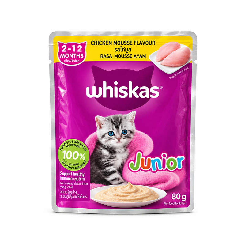 پوچ بچه گربه ویسکاس موس با طعم مرغ Whiskas Junior Mousse وزن ۸۰ گرم بسته 28 عددی