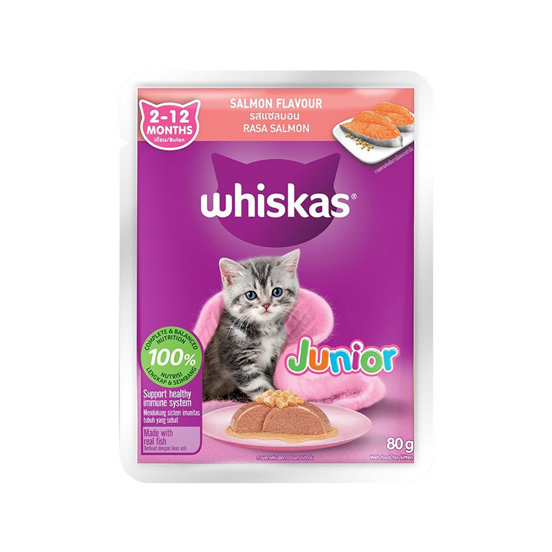 پوچ بچه گربه ویسکاس با طعم سالمون Whiskas Kitten Flavour in Jelly وزن ۸۰ گرم بسته 28 عددی