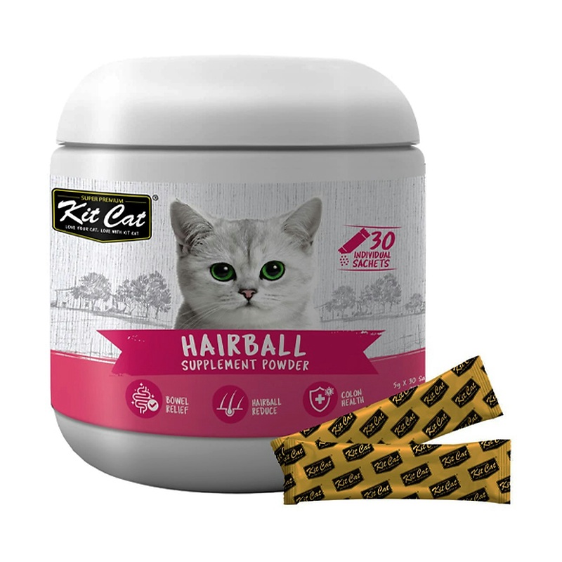 پودر مکمل گربه کیت کت برای سلامت روده و دفع گلوله مویی KitCat Hairball Powder بسته ۳۰ عددی